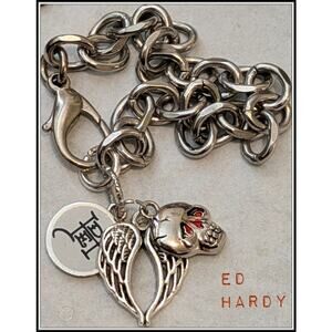 New ED HARDY Skull + Wings Charm Bracelet on Silver Stainless Steel Chain 8"